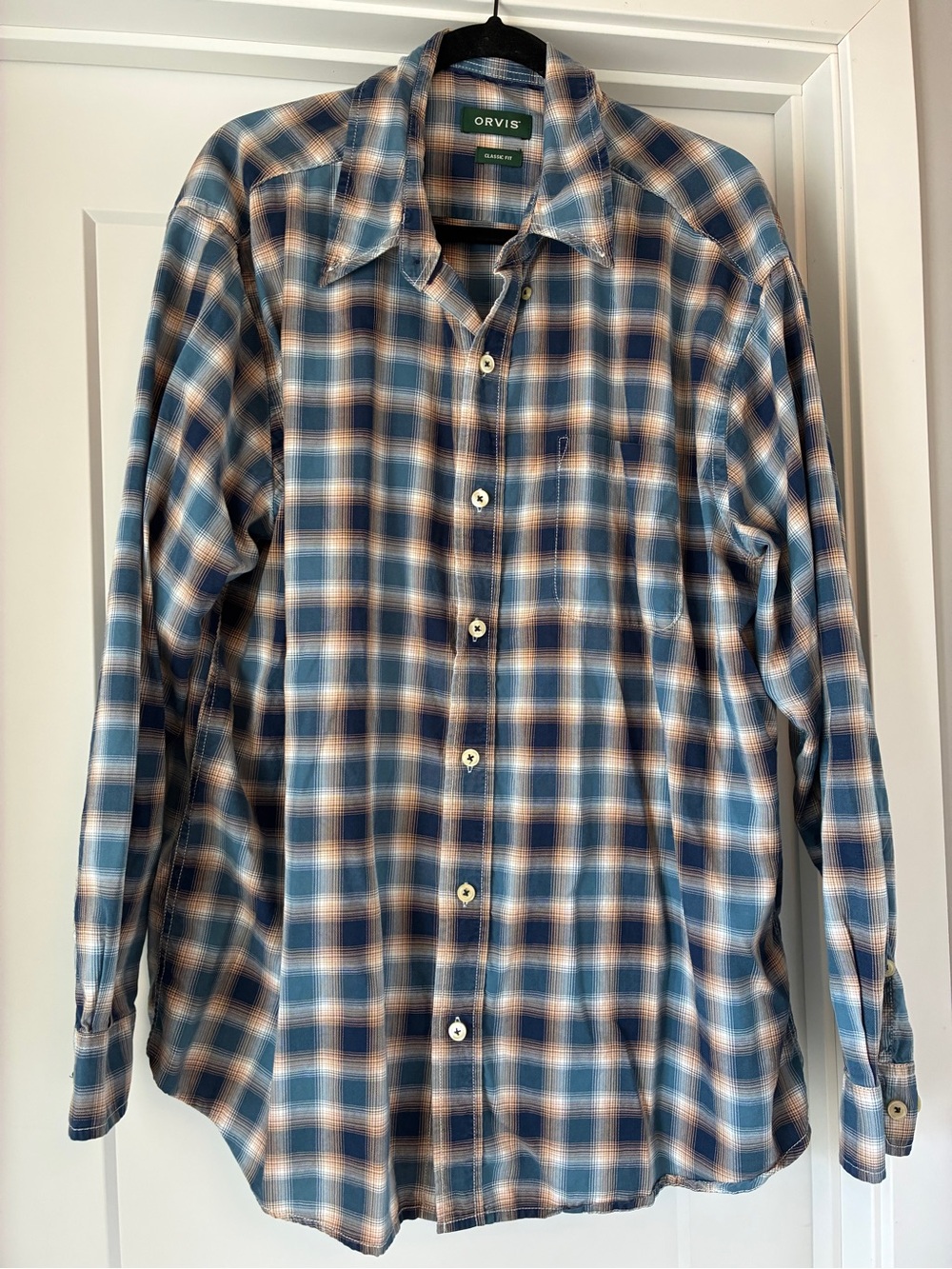 Orvis Men's Blue and Brown Plaid Button-Down Shirt